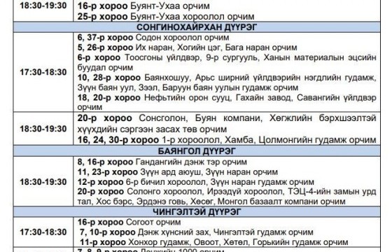 Өнөөдөр 17:00 цагаас цахилгааны хязгаарлалт хийж болзошгүй байршлууд