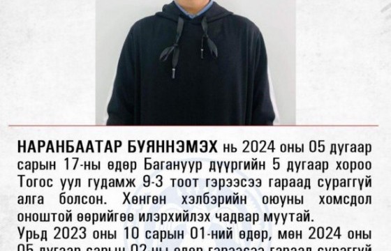 Энэ сарын 17-ны өдөр гэрээсээ гараад сураггүй алга болсон Н.Буяннэмэх хүүг эрэн хайж байна