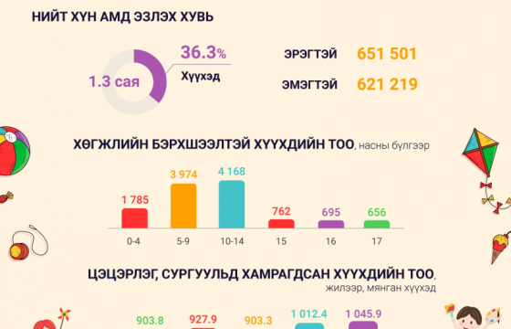 Монгол Улсын хүн амын гуравны нэг нь 17 хүртэлх насны хүүхдүүд байна