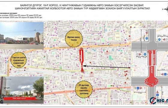 Өргөө кино театраас Дилав хутагт Жамсранжавын гудамжны уулзвар хүртэлх авто замыг түр хааж, шинэчилнэ