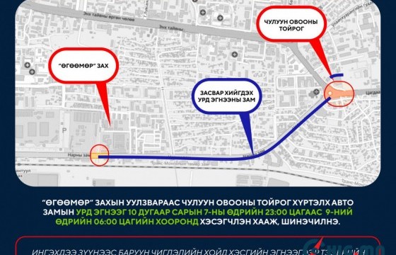  Өнөөдөр “Өгөөмөр” захын уулзвараас Чулуун овооны тойрог хүртэлх авто замын урд эгнээг хааж, шинэчилнэ