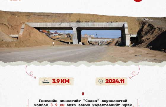 Гэмтлийн эмнэлгийг “Содон” хороололтой холбох 3.9 км авто замын хөдөлгөөнийг ирэх XI сард багтаан нээнэ