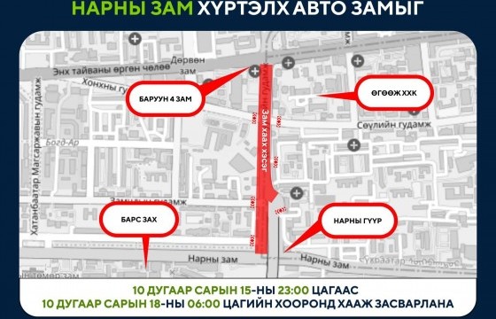 Өнөөдөр Баруун 4 замын уулзвараас Нарны зам хүртэлх авто замыг хааж, шинэчилнэ